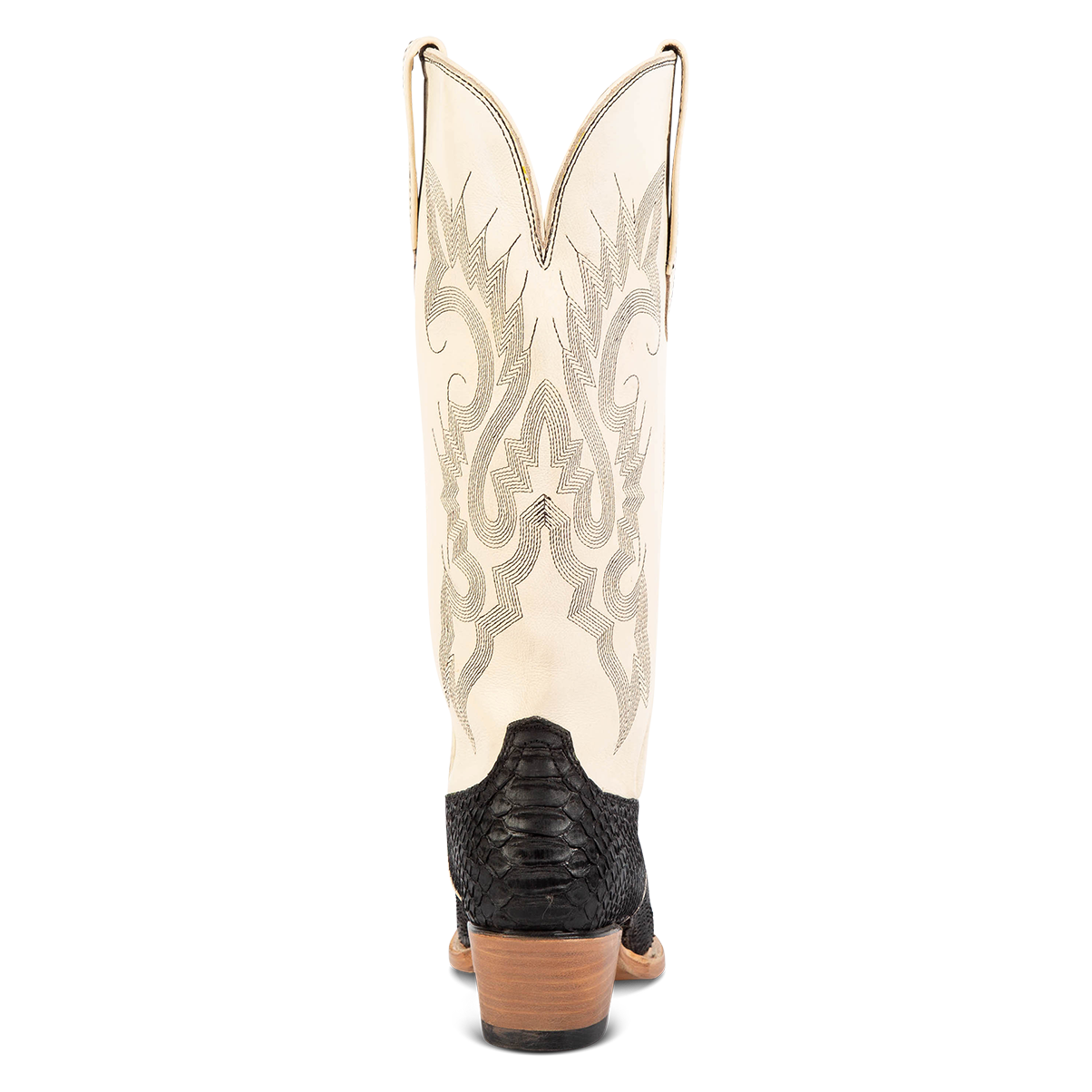 Back view showing back dip and leather heel with western stitch detailing on FREEBIRD women's Woodland black python multi leather boot