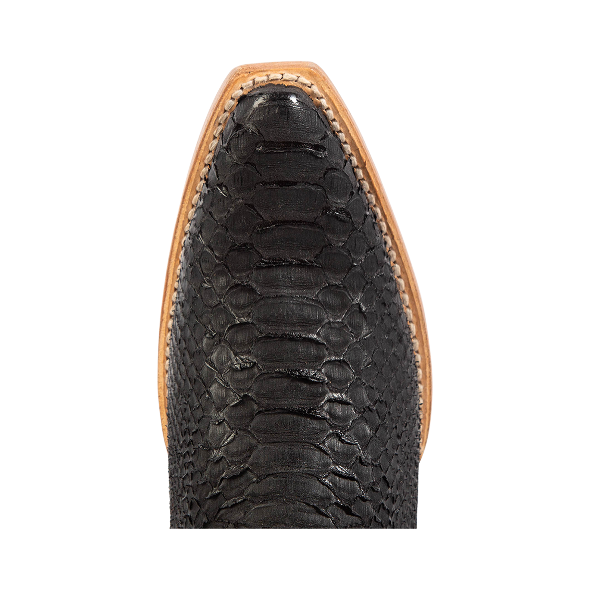Top view showing snip toe construction with stitch detailing on FREEBIRD women's Woodland black python multi leather boot
