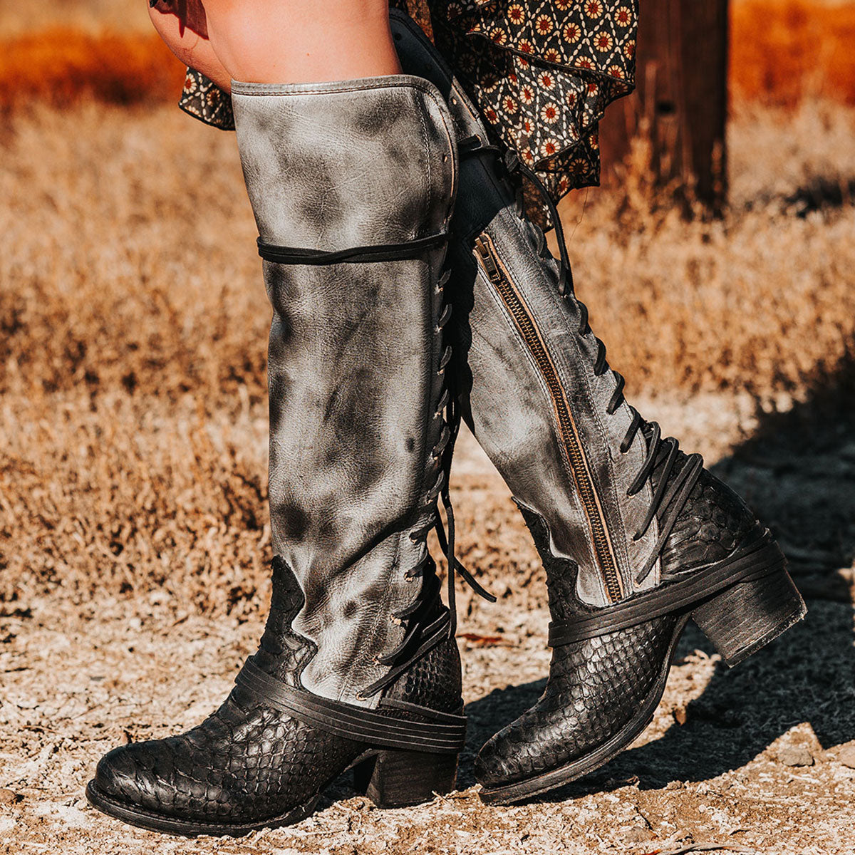 FREEBIRD women’s Coal black python leather knee high adjustable back lacing boot