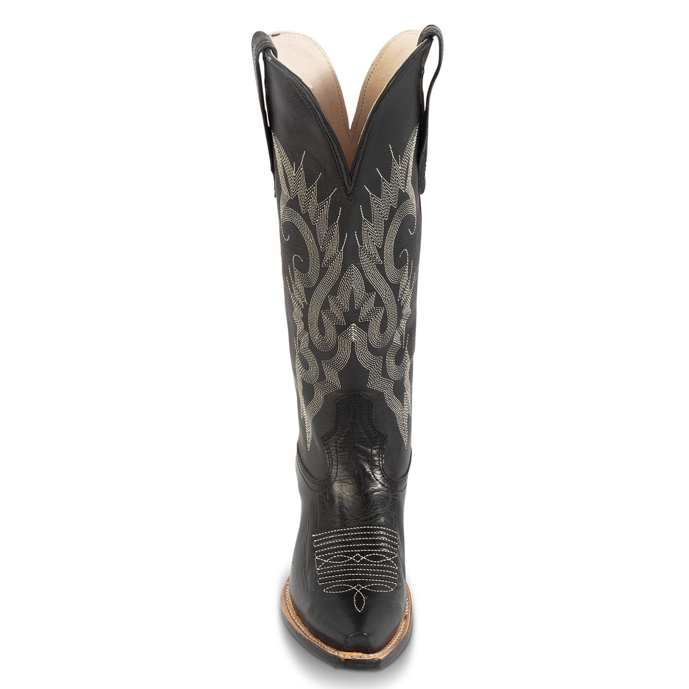 Front view showing western stitch detailing and front dip on FREEBIRD women's Woodland black multi boot