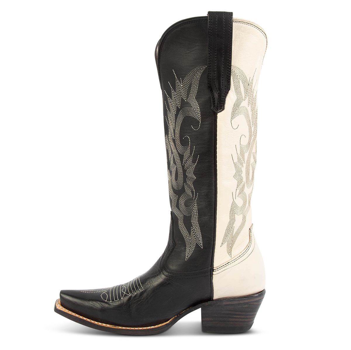 Side view showing leather pull straps and western stitch detailing on FREEBIRD women's Woodland black multi boot