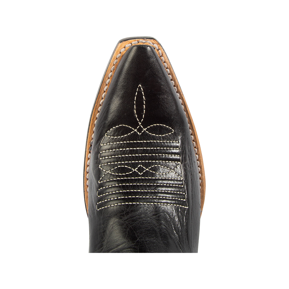 Top view showing snip toe construction with stitch detailing on FREEBIRD women's Woodland black white multi boot