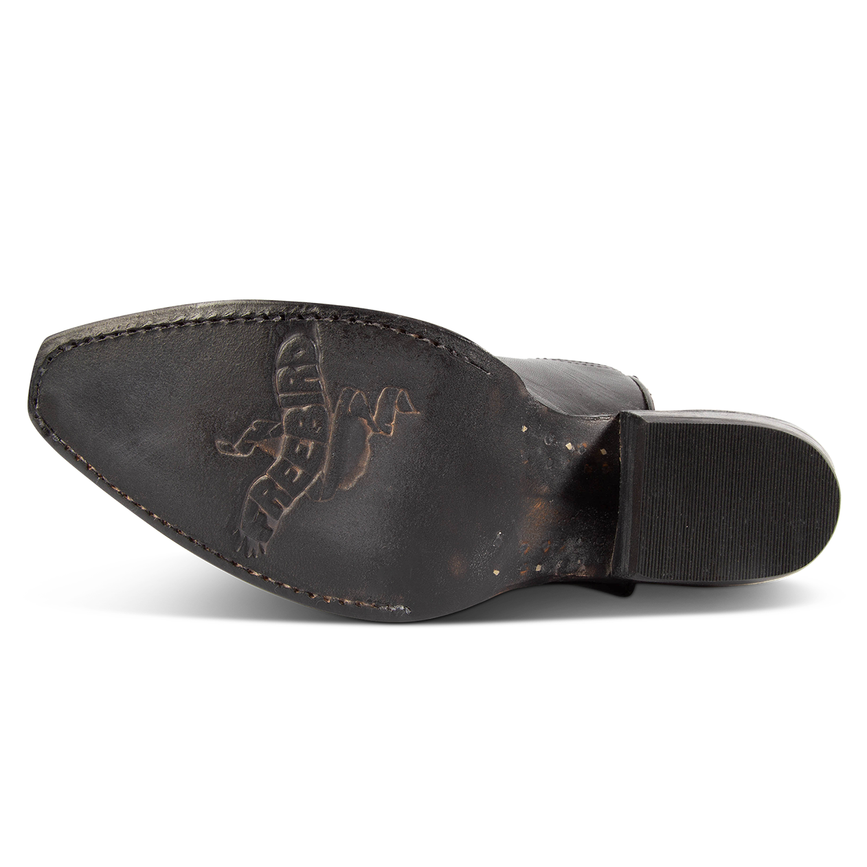Leather sole imprinted with FREEBIRD on women's Woodland black white multi boot
