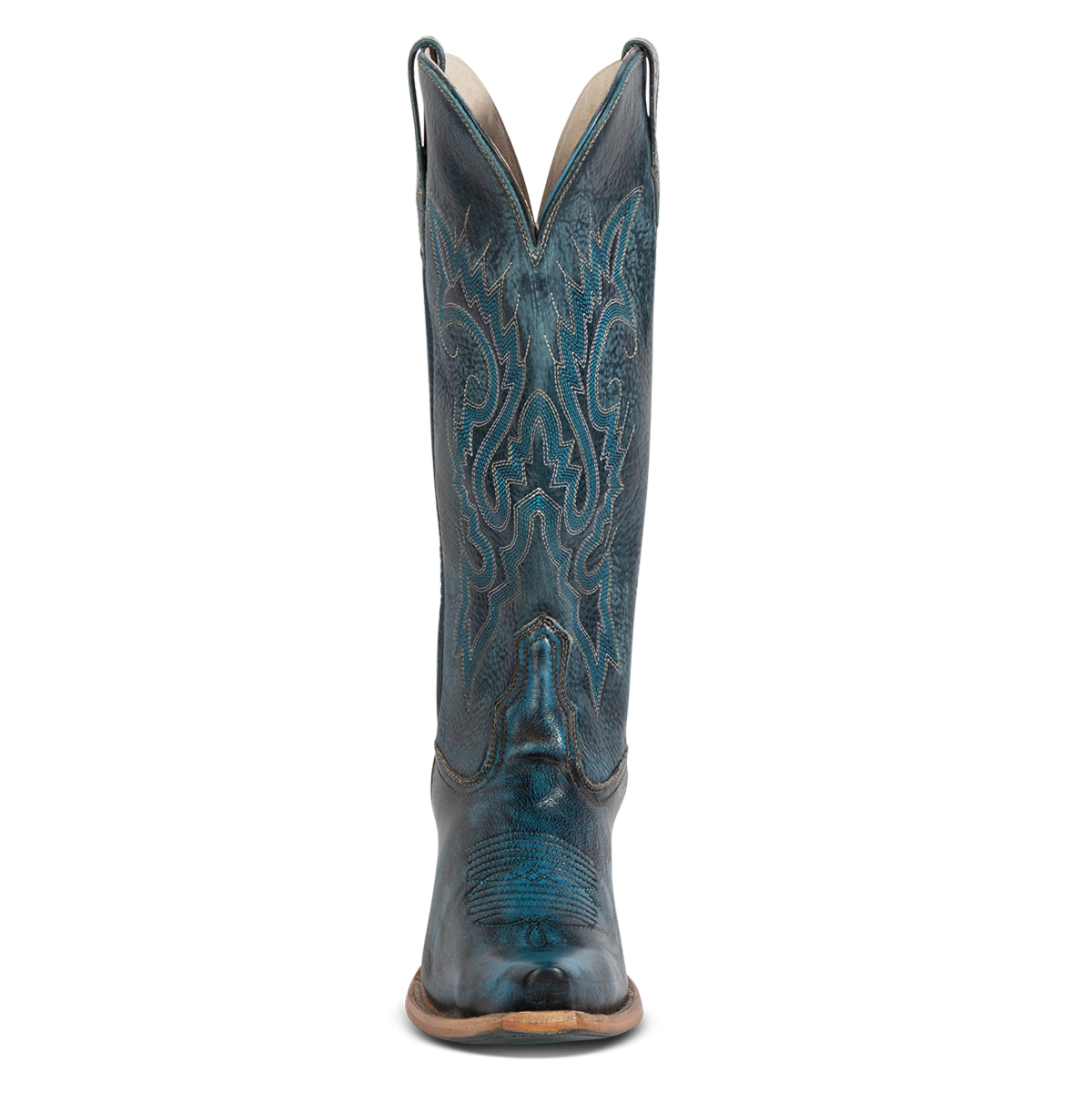 Front view showing western stitch detailing and front dip on FREEBIRD women's Woodland blue leather boot