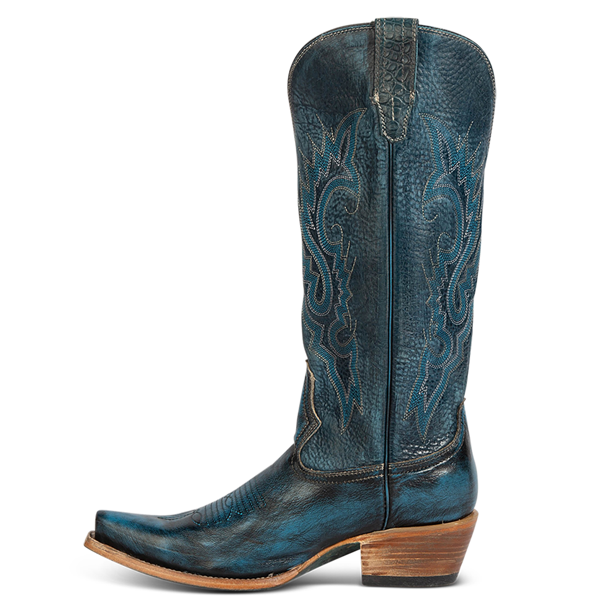 Side view showing leather pull straps and western stitch detailing on FREEBIRD women's Woodland blue leather boot