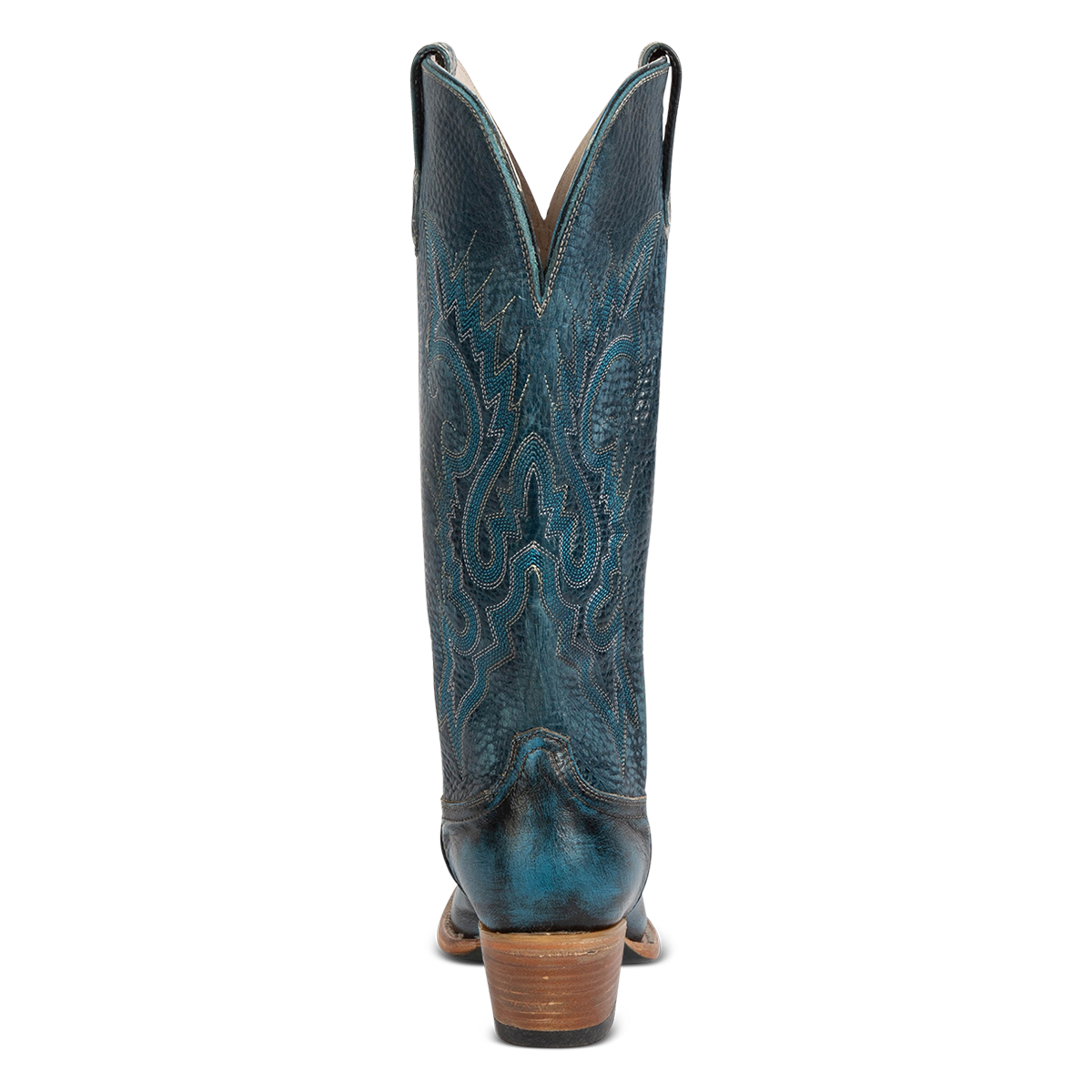 Back view showing back dip and leather heel with western stitch detailing on FREEBIRD women's Woodland blue leather boot