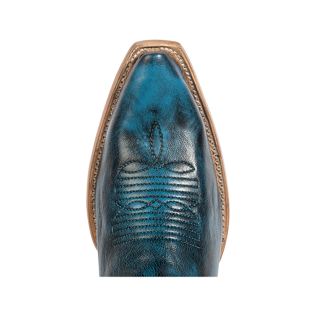 Top view showing snip toe construction with stitch detailing on FREEBIRD women's Woodland blue leather boot
