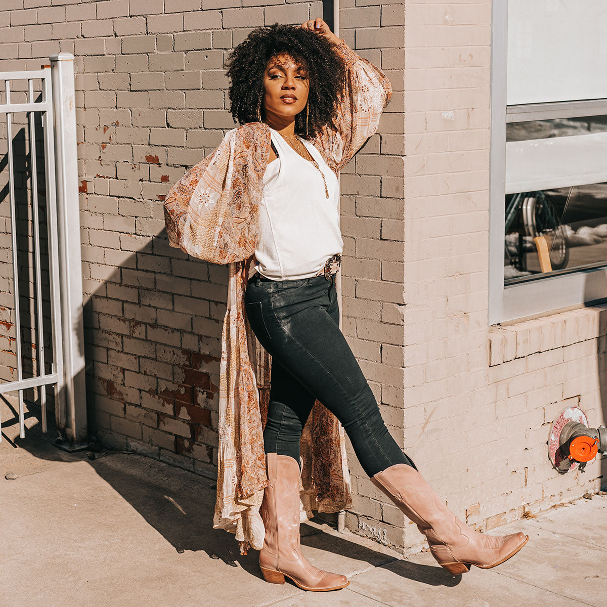 FREEBIRD women's Woodland blush leather cowboy boot with stitch detailing and snip toe construction lifestyle image