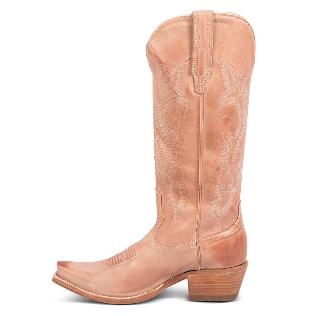Side view showing leather pull straps and western stitch detailing on FREEBIRD women's Woodland blush leather boot