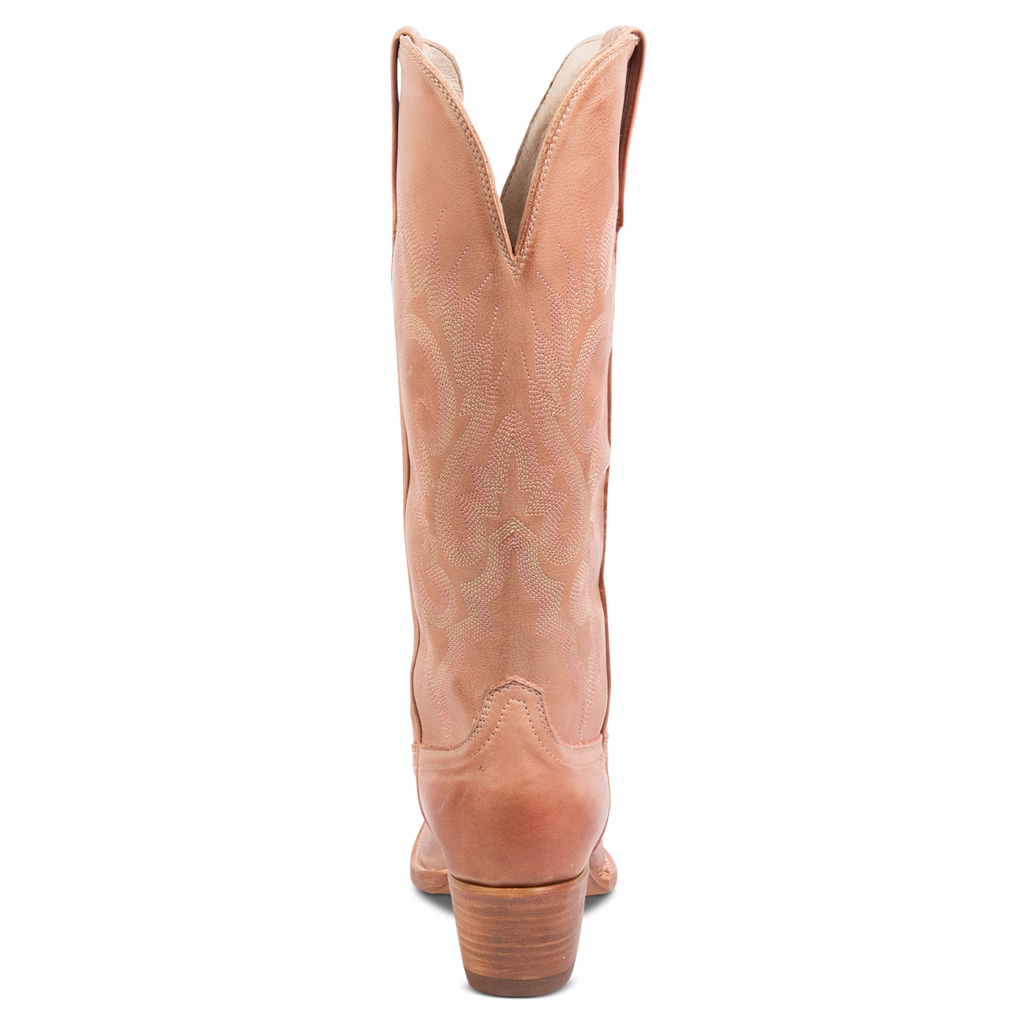Back view showing back dip and leather heel with western stitch detailing on FREEBIRD women's Woodland blush leather boot