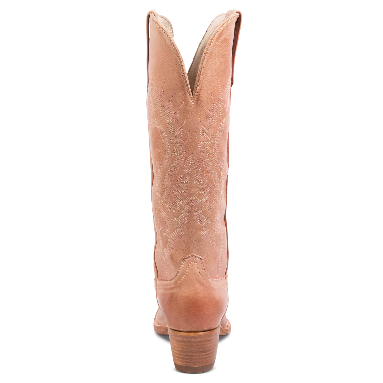 Back view showing back dip and leather heel with western stitch detailing on FREEBIRD women's Woodland blush leather boot