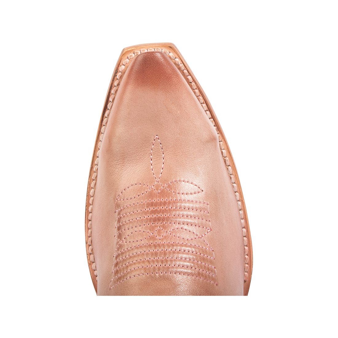 Top view showing snip toe construction with stitch detailing on FREEBIRD women's Woodland blush leather boot