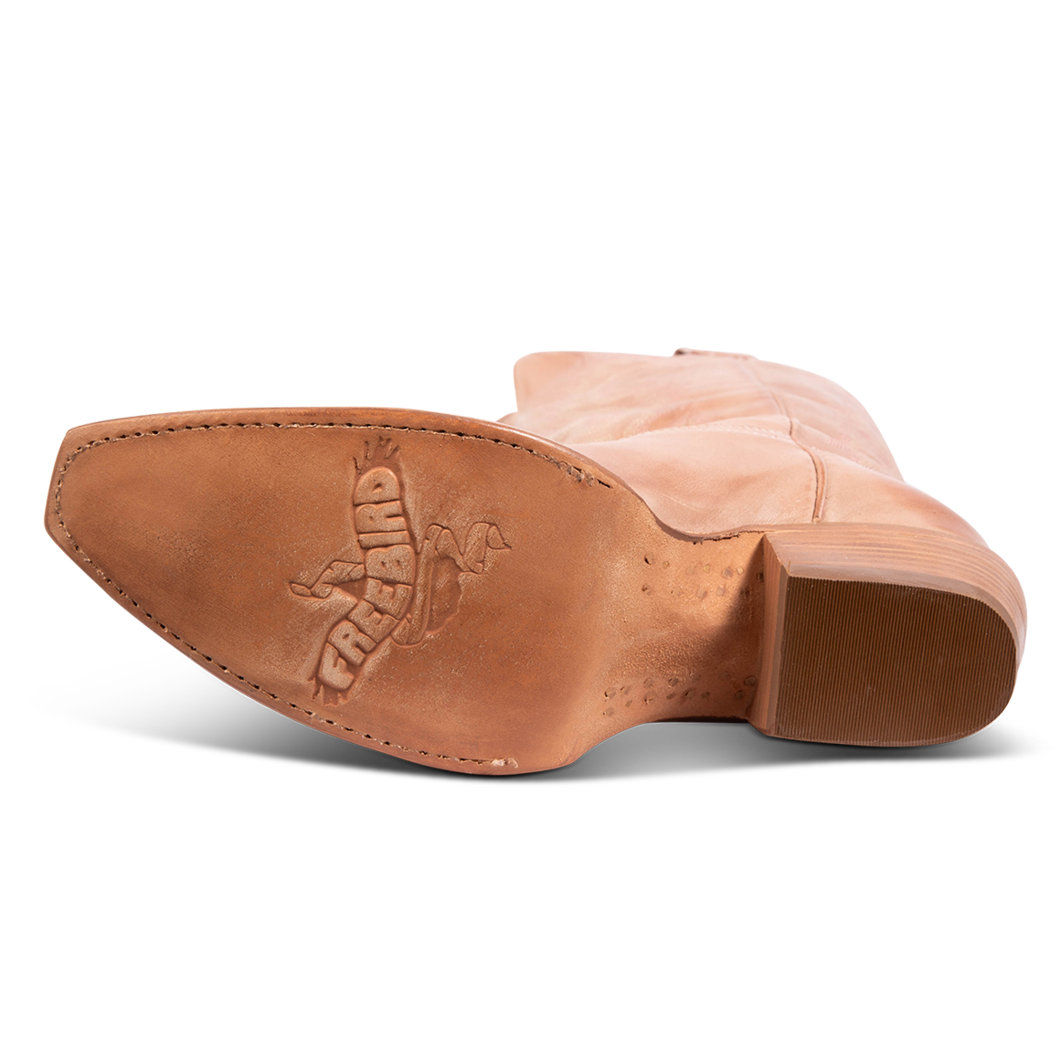 Leather sole imprinted with FREEBIRD on women's Woodland blush leather boot
