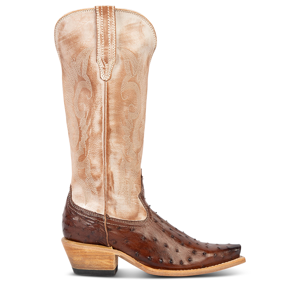 FREEBIRD women's Woodland brown ostrich leather cowboy boot with stitch detailing and snip toe construction