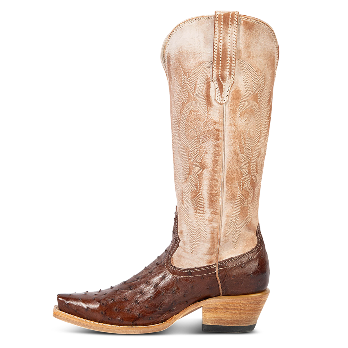 Side view showing leather pull straps and western stitch detailing on FREEBIRD women's Woodland brown ostrich leather boot