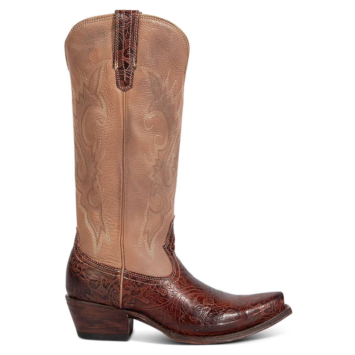 FREEBIRD women's WOODLAND clay-multi tooled leather western boots featuring a snip toe, decorative stitching, and traditional pull straps