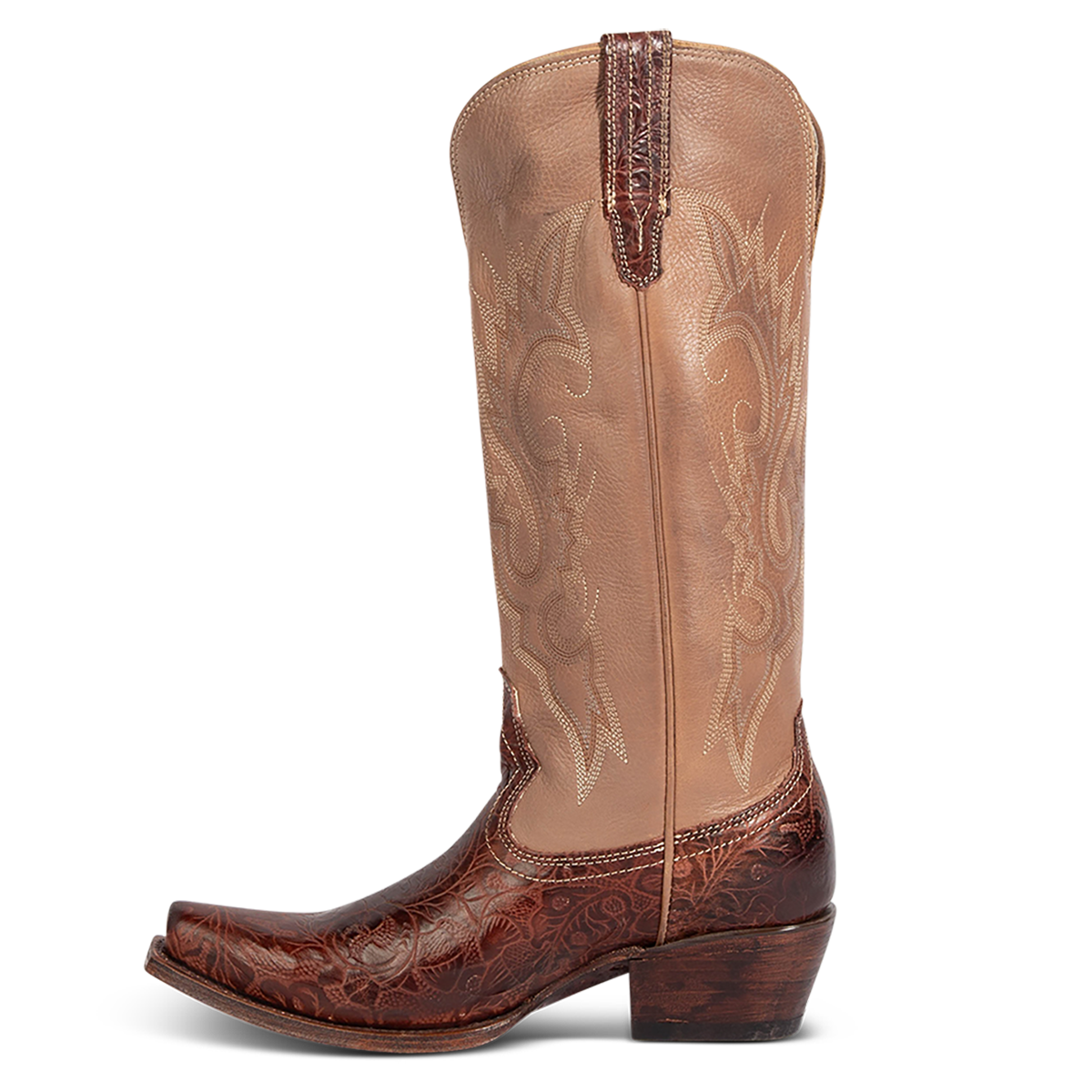Side view showing FREEBIRD women's WOODLAND clay-multi tooled leather western boots featuring a snip toe, decorative stitching, and traditional pull straps