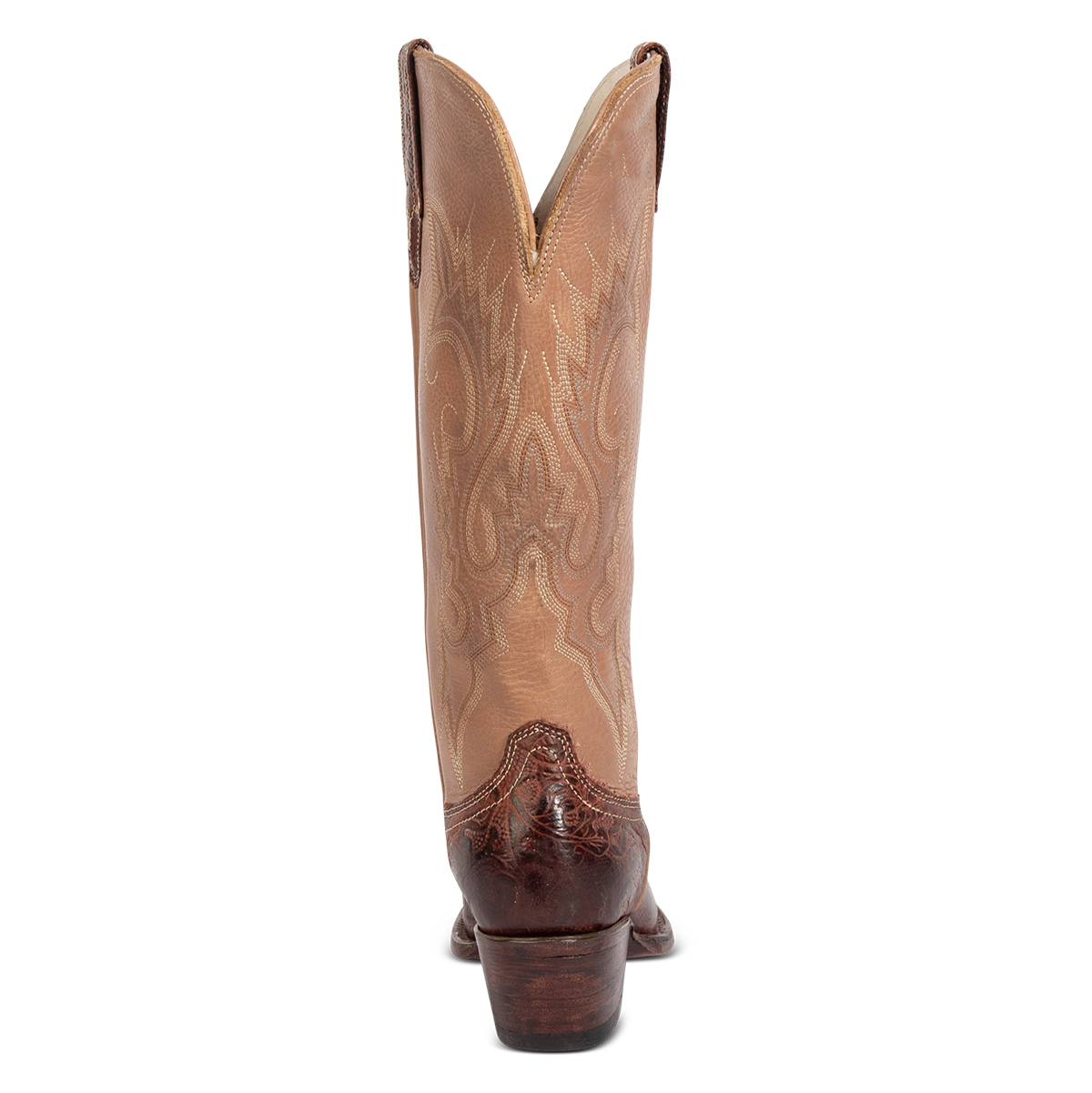 Back view showing FREEBIRD women's WOODLAND clay-multi tooled leather western boots featuring a snip toe, decorative stitching, and traditional pull straps on a lifted heel