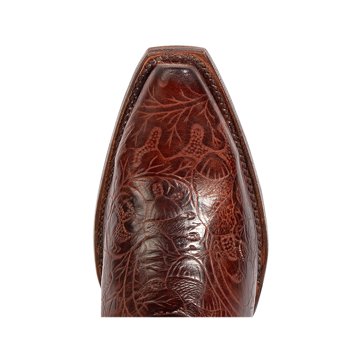 Top view showing tooled leather detailing on FREEBIRD women's Woodland clay multi leather Western boot