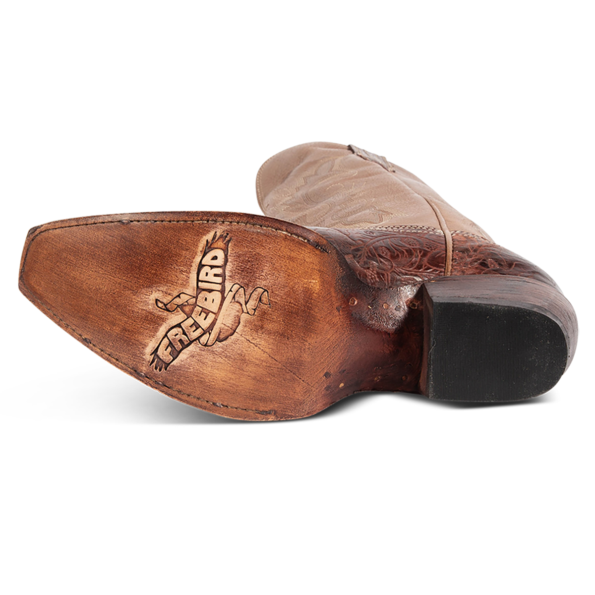 Leather sole imprinted with FREEBIRD on women's Woodland clay multi tooled leather Western boot