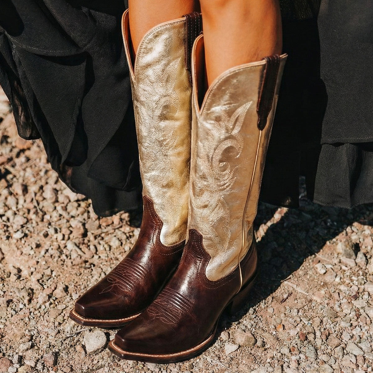 FREEBIRD women's Woodland gold brown multi leather cowboy boot with stitch detailing and snip toe construction