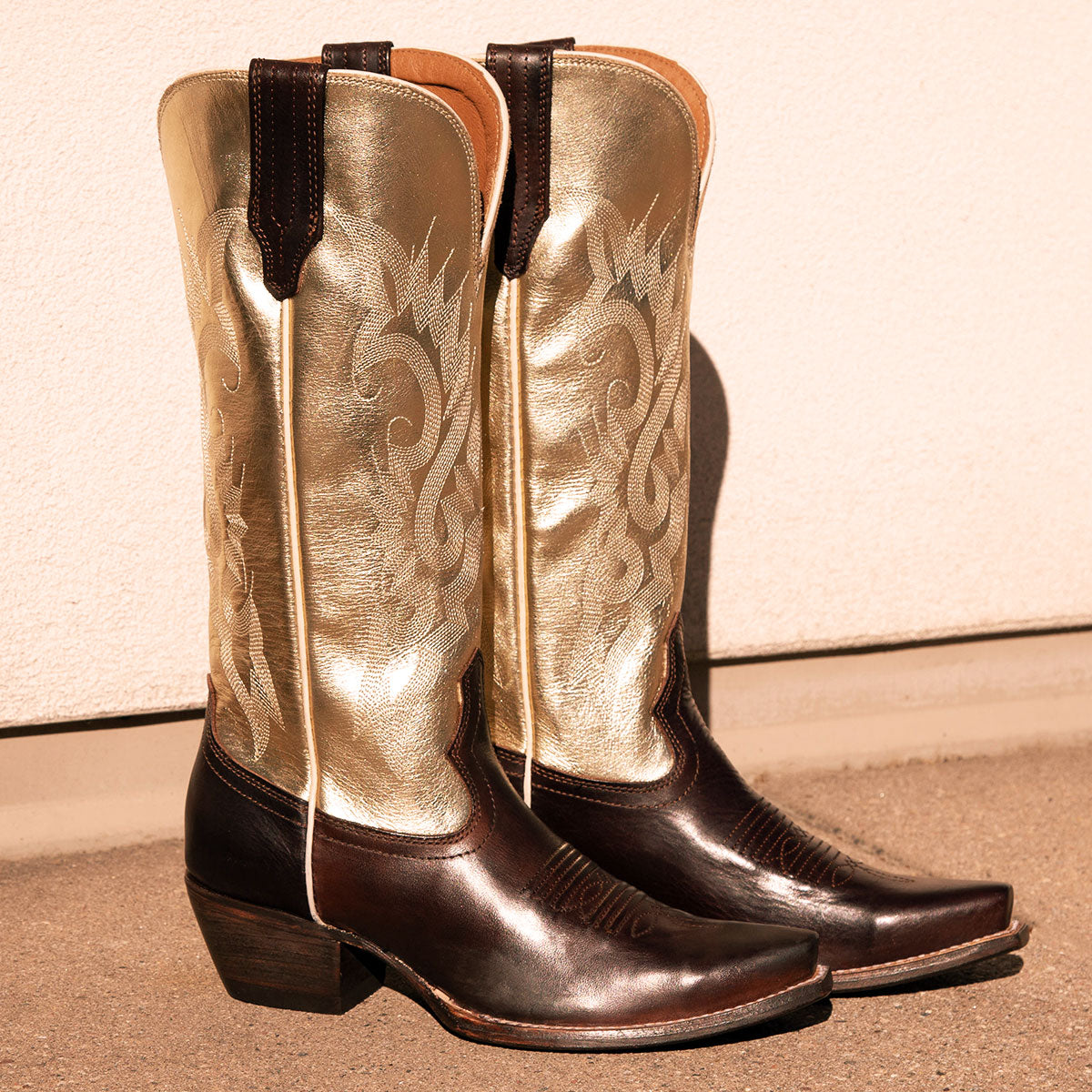 FREEBIRD women's Woodland gold brown multi leather cowboy boot with stitch detailing and snip toe construction