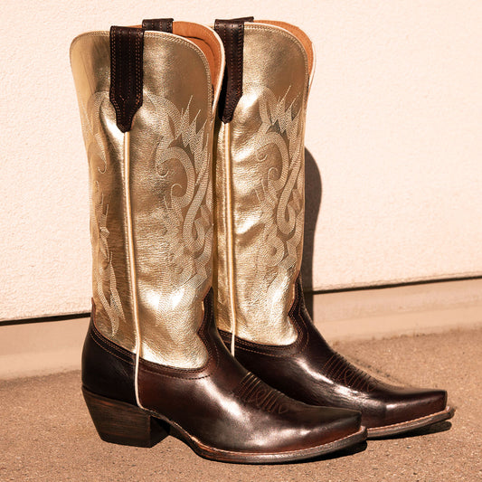 FREEBIRD women's Woodland gold brown multi leather cowboy boot with stitch detailing and snip toe construction