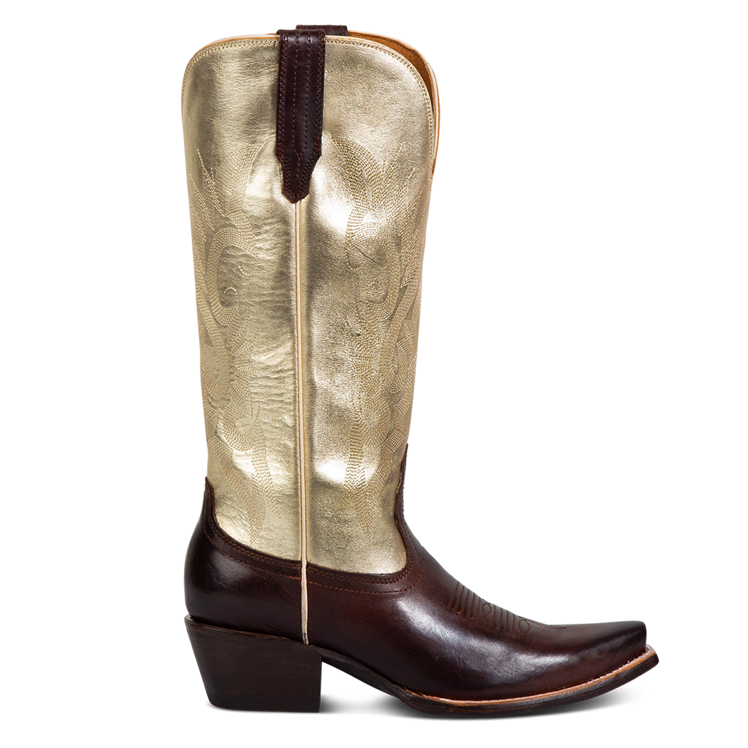 FREEBIRD women's Woodland gold brown multi leather cowboy boot with stitch detailing and snip toe construction
