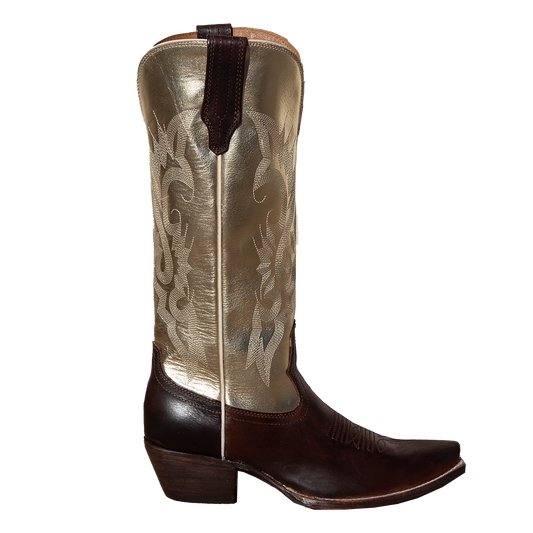 FREEBIRD women's Woodland gold brown multi leather cowboy boot with stitch detailing and snip toe construction