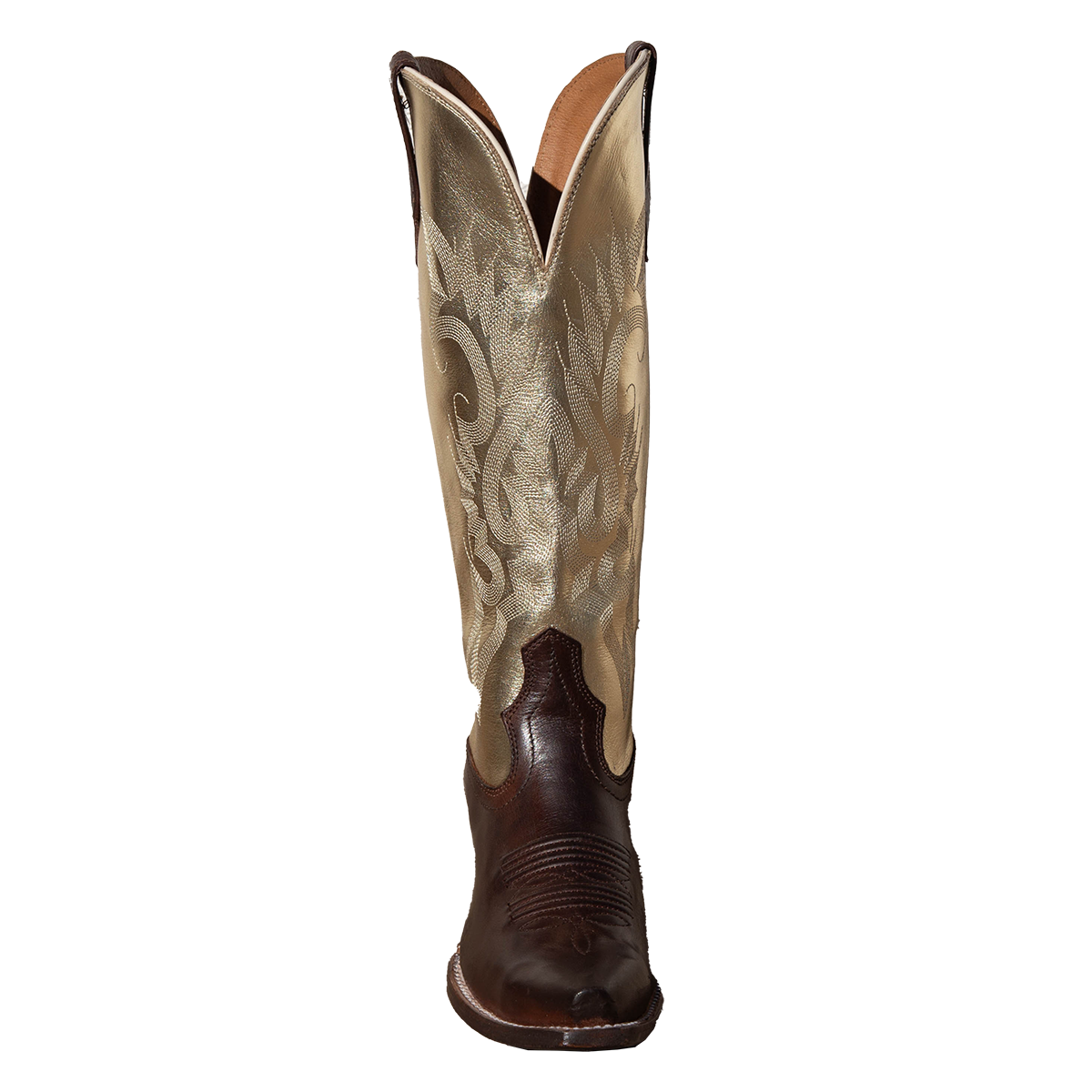 Front view showing western stitch detailing and  front dip on FREEBIRD women's Woodland gold brown multi leather boot