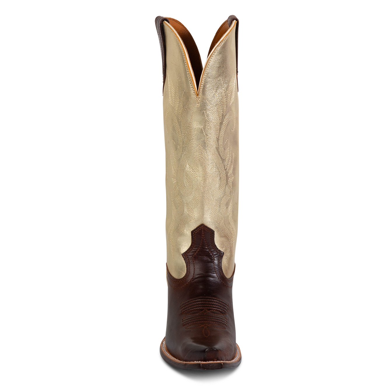 Front view showing western stitch detailing and  front dip on FREEBIRD women's Woodland gold brown multi leather boot