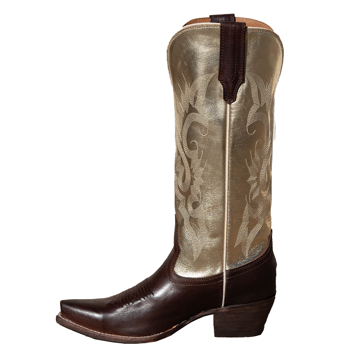 Side view showing leather pull straps and western stitch detailing on FREEBIRD women's Woodland gold brown multi leather boot