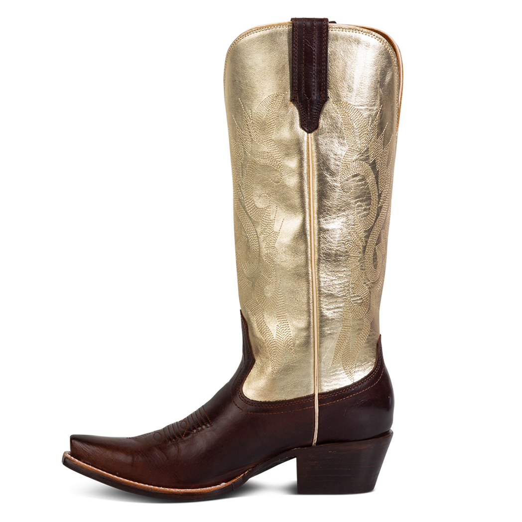 Side view showing leather pull straps and western stitch detailing on FREEBIRD women's Woodland gold brown multi leather boot