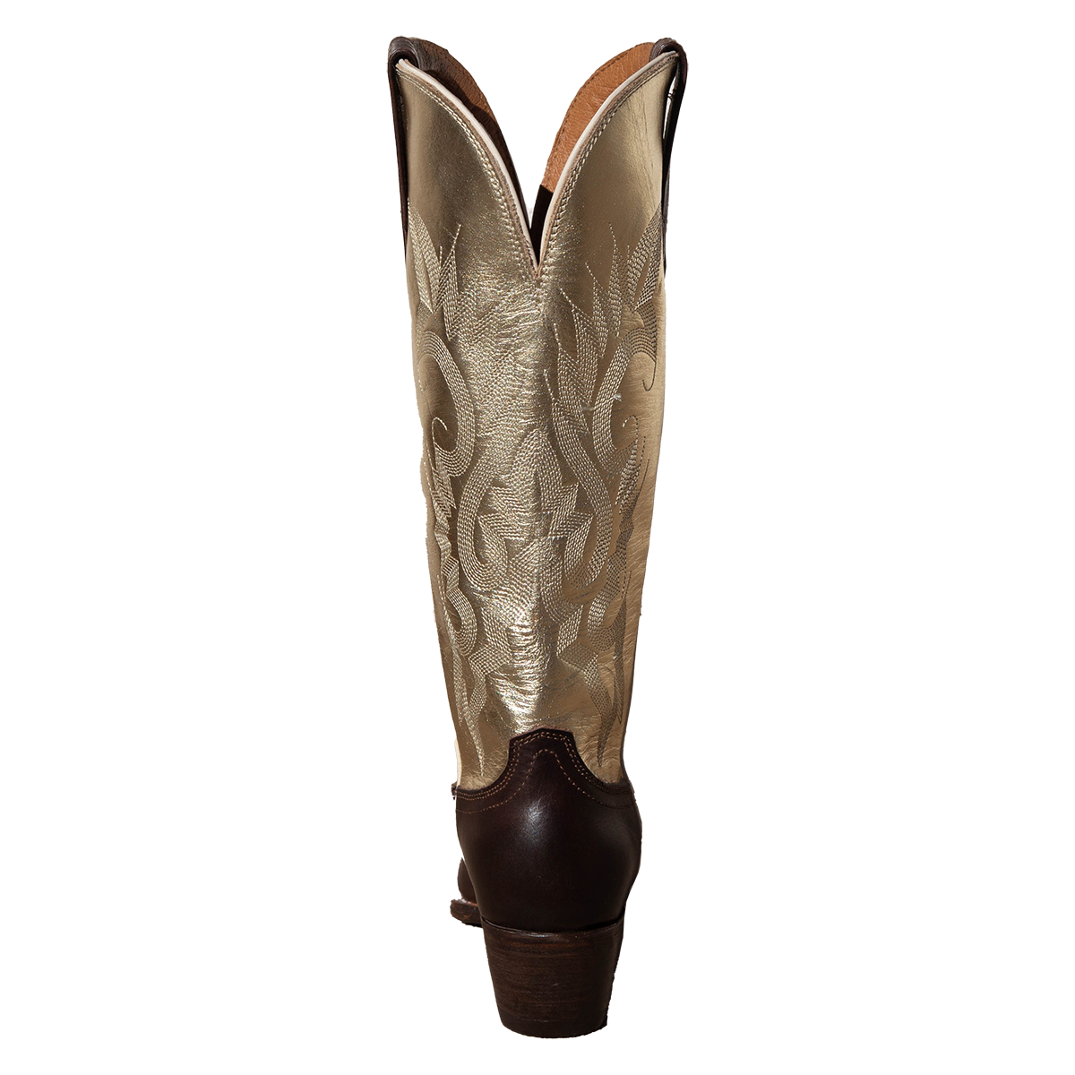 Back view showing back dip and leather heel with western stitch detailing on FREEBIRD women's Woodland gold brown multi leather boot
