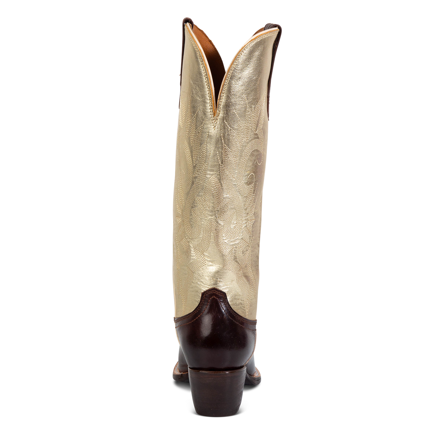 Back view showing back dip and leather heel with western stitch detailing on FREEBIRD women's Woodland gold brown multi leather boot