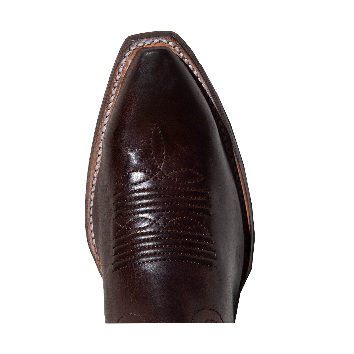 Top view showing snip toe construction with stitch detailing on FREEBIRD women's Woodland gold brown multi leather boot 