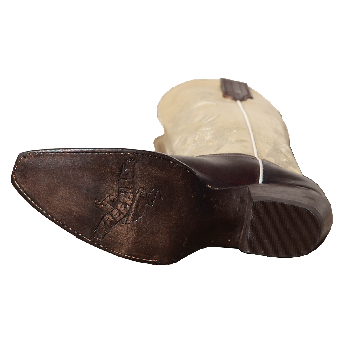 Leather sole imprinted with FREEBIRD on women's Woodland gold brown multi leather boot