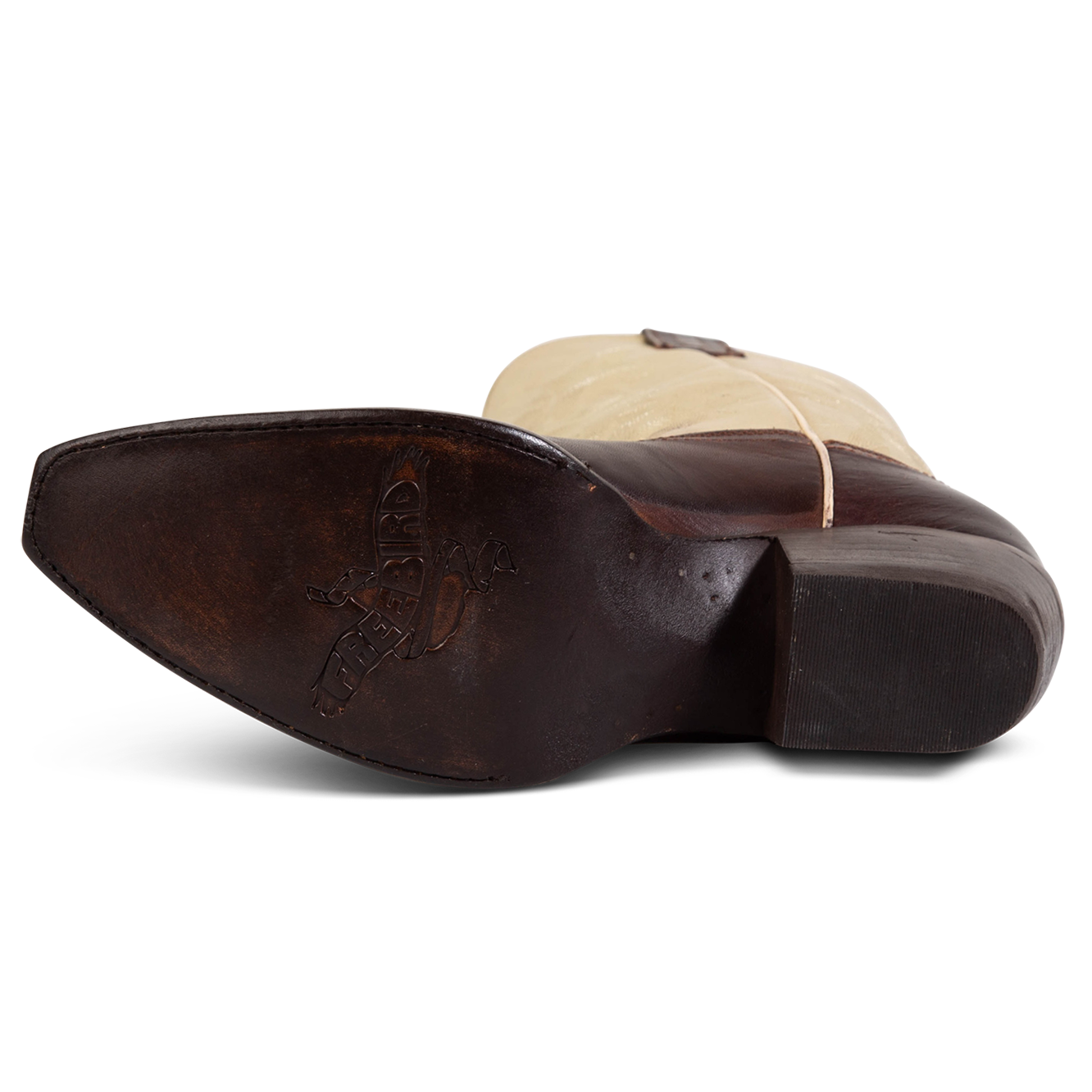 Leather sole imprinted with FREEBIRD on women's Woodland gold brown multi leather boot