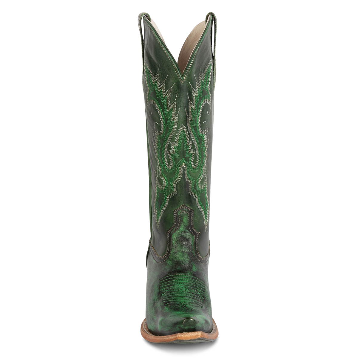 Front view showing western stitch detailing and front dip on FREEBIRD women's Woodland green leather boot