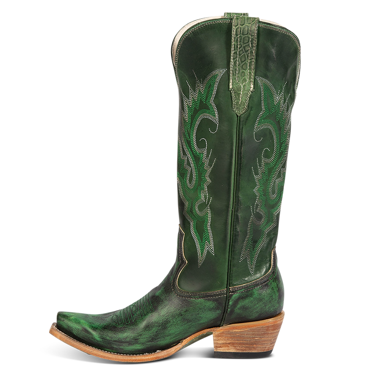 Side view showing leather pull straps and western stitch detailing on FREEBIRD women's Woodland green leather boot