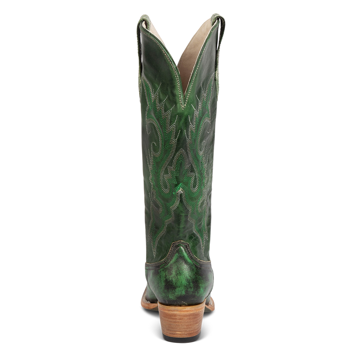 Back view showing back dip and leather heel with western stitch detailing on FREEBIRD women's Woodland green leather boot