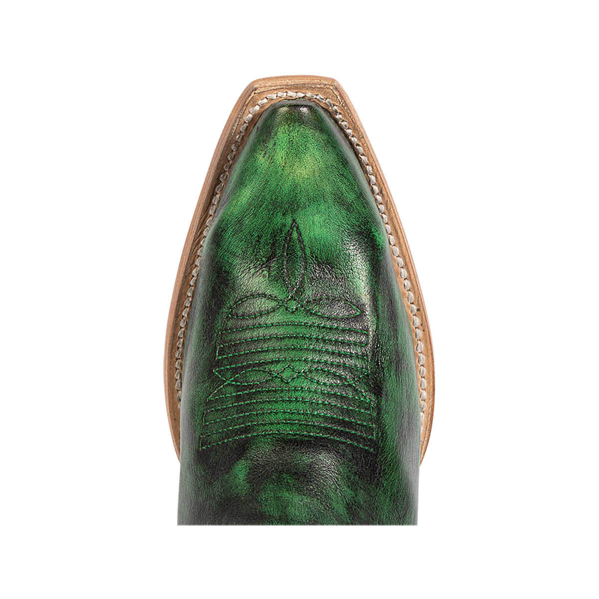 Top view showing snip toe construction with stitch detailing on FREEBIRD women's Woodland green leather boot