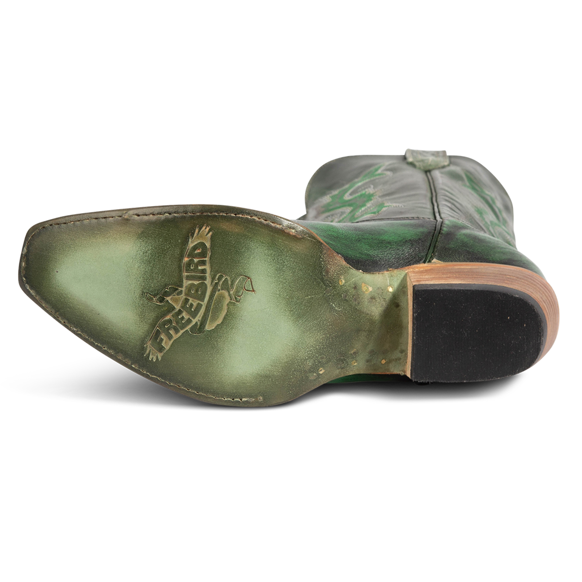 Leather sole imprinted with FREEBIRD on women's Woodland green leather boot