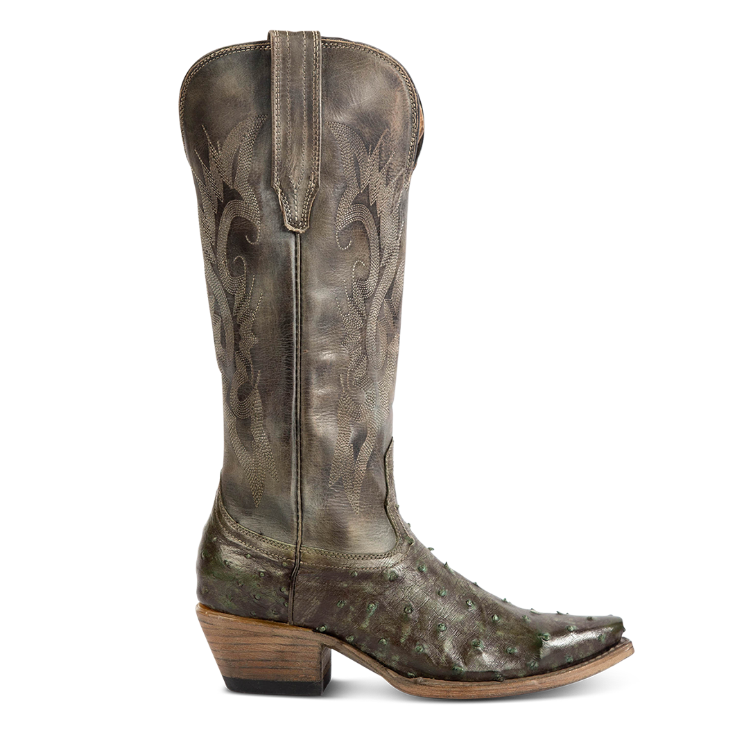 FREEBIRD women's Woodland green ostrich leather cowboy boot with stitch detailing and snip toe construction