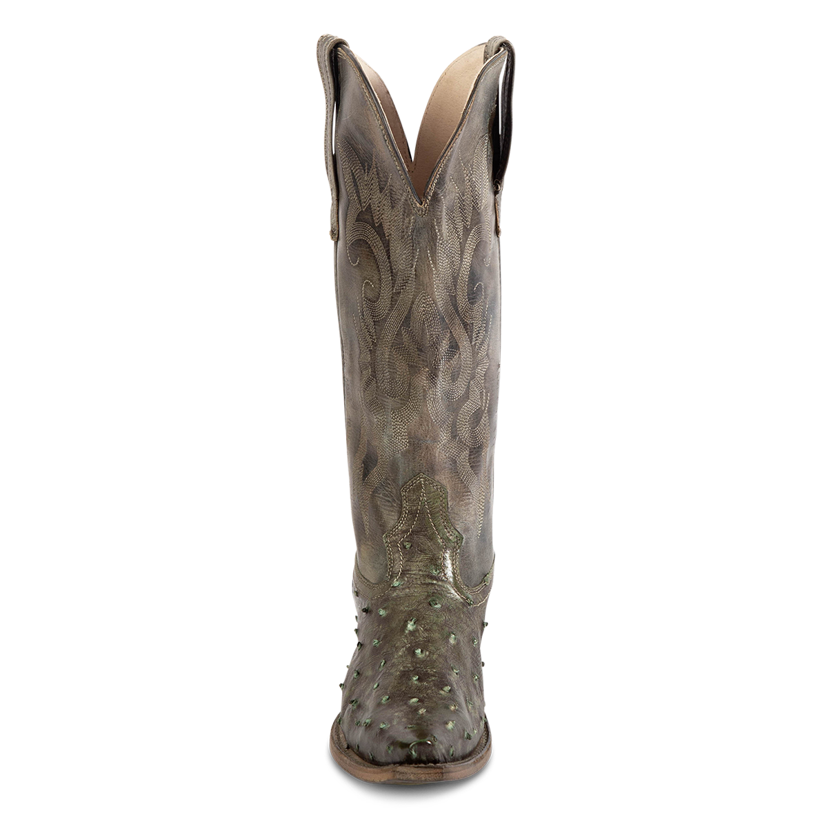 Front view showing western stitch detailing and front dip on FREEBIRD women's Woodland green ostrich leather boot