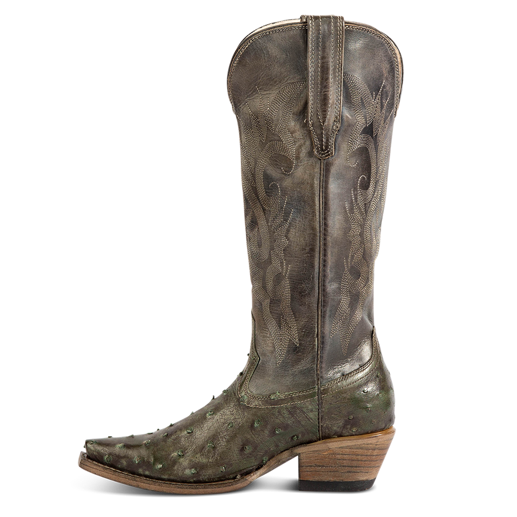 Side view showing leather pull straps and western stitch detailing on FREEBIRD women's Woodland green ostrich leather boot