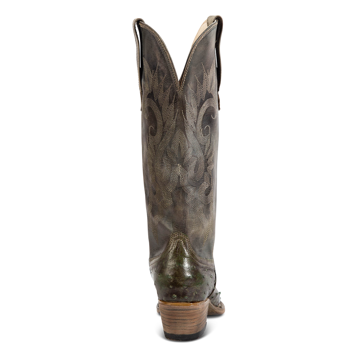 Back view showing back dip and leather heel with western stitch detailing on FREEBIRD women's Woodland green ostrich leather boot