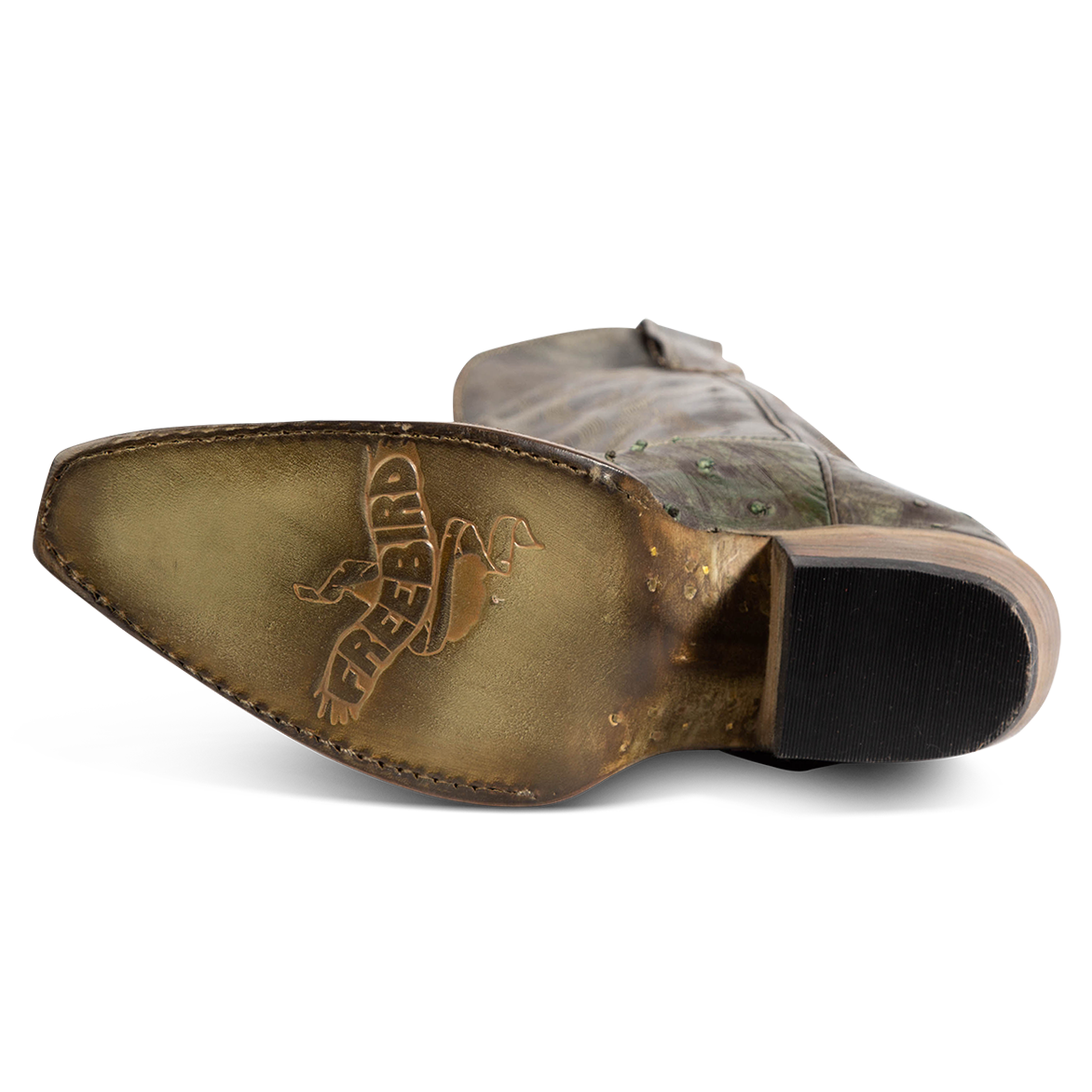 Leather sole imprinted with FREEBIRD on women's Woodland green ostrich leather boot