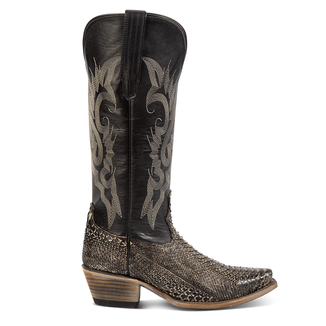 FREEBIRD women's Woodland grey python multi leather cowboy boot with stitch detailing and snip toe construction