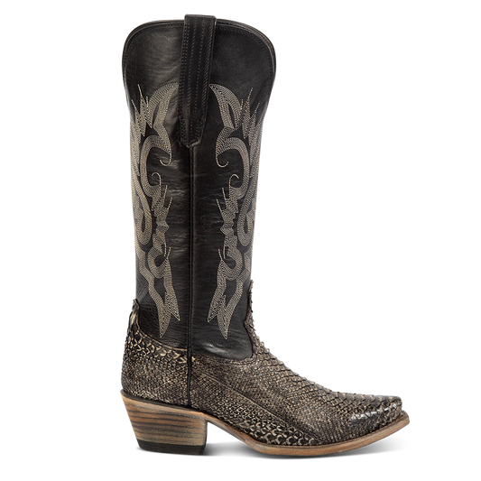 FREEBIRD women's Woodland grey python multi leather cowboy boot with stitch detailing and snip toe construction